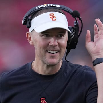 Sep 2, 2023; Los Angeles, California, USA; Southern California Trojans head coach Lincoln Riley reacts against the Nevada Wolf Pack  in the second half at United Airlines Field at Los Angeles Memorial Coliseum. Mandatory Credit: Kirby Lee-Imagn Images