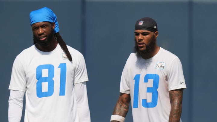 Jun 15, 2021; Costa Mesa, CA, USA; Los Angeles Chargers receivers Mike Williams (81) and  Keenan Allen (13) during minicamp at the Hoag Performance Center. Mandatory Credit: Kirby Lee-USA TODAY Sports