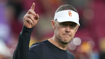 Sep 9, 2023; Los Angeles, California, USA; Southern California Trojans head coach Lincoln Riley gestures during the game against the Stanford Cardinal at United Airlines Field at Los Angeles Memorial Coliseum. 