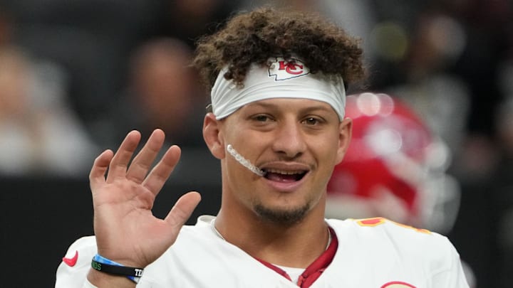Oct 27, 2024; Paradise, Nevada, USA; Kansas City Chiefs quarterback Patrick Mahomes (15) reacts against the Las Vegas Raiders in the first half at Allegiant Stadium. Mandatory Credit: Kirby Lee-Imagn Images