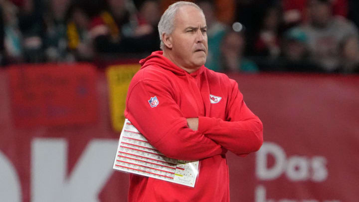 Nov 5, 2023; Frankfurt, Germany; Kansas City Chiefs special teams coordinator Dave Toub watches from the sidelines against the Miami Dolphins in the second half during an NFL International Series game at Deutsche Bank Park. Mandatory Credit: Kirby Lee-USA TODAY Sports