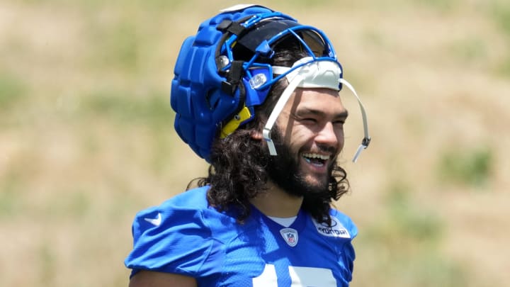 May 21, 2024, Thousand Oaks, California, USA; Los Angeles Rams wide receiver Puka Nacua (17) during organized team activities at Cal Lutheran University. Mandatory Credit: Kirby Lee-USA TODAY Sports