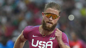 Aug 21, 2023; Budapest, Hungary; CJ Allen (USA) places third in 400m hurdles semifinal in 48.44 during the World Athletics Championships Budapest 23 at National Athletics Centre. Mandatory Credit: Kirby Lee-USA TODAY Sports