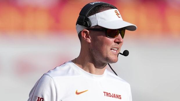 Southern California Trojans head coach Lincoln Riley reacts against the Notre Dame Fighting Irish in the second half