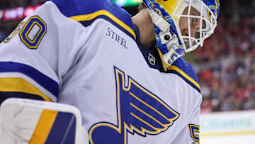 Mar 7, 2024; Newark, New Jersey, USA; St. Louis Blues goaltender Jordan Binnington (50) skates during a stoppage during the first period against the New Jersey Devils at Prudential Center. Mandatory Credit: Vincent Carchietta-Imagn Images