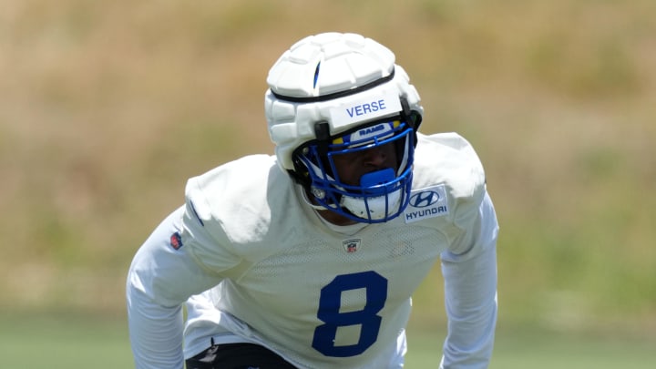 May 21, 2024, Thousand Oaks, California, USA; Los Angeles Rams defensive end Jared Verse (8) wears a Guardian helmet cap during organized team activities at Cal Lutheran University. Mandatory Credit: Kirby Lee-USA TODAY Sports