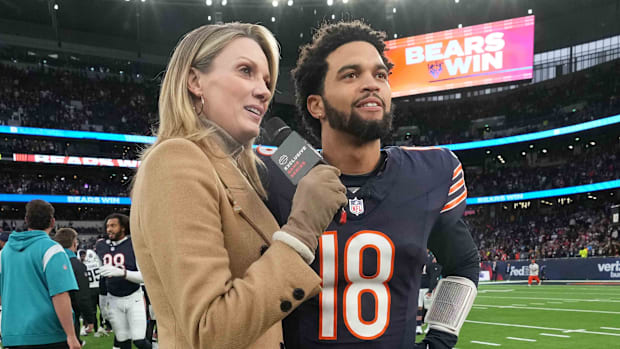 Oct 13, 2024; London, United Kingdom; Chicago Bears quarterback Caleb Williams (18) is interviewed by NFL Network reporter St