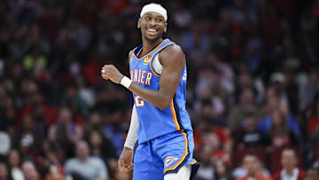 Dec 1, 2024; Houston, Texas, USA; Oklahoma City Thunder guard Shai Gilgeous-Alexander (2) reacts after scoring a basket during the first quarter against the Houston Rockets at Toyota Center. Mandatory Credit: Troy Taormina-Imagn Images