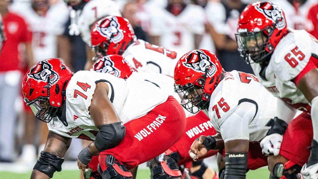 Sep 11, 2025; Winston-Salem, North Carolina, USA; North Carolina State Wolfpack offensive lineman Jalen Grant (74) lines up against Wake Forest Demon Deacons at Allegacy Federal Credit Union Stadium. Mandatory Credit: Luke Jamroz-Imagn Images