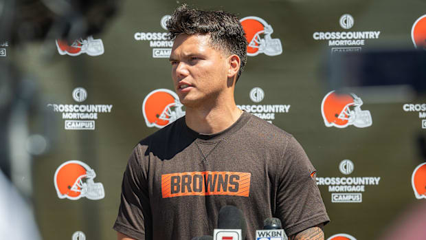 May 10, 2025; Berea, OH, USA; Cleveland Browns quarterback Dillon Gabriel (5) talks to the media during rookie minicamp at Cr
