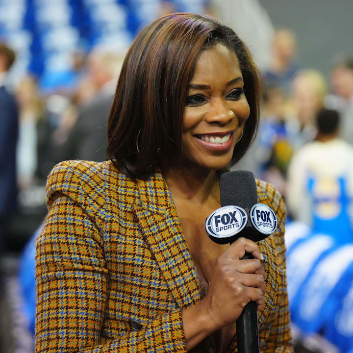 Fox Sports reporter Kristina Pink during a game between the UCLA Bruins and the Southern California Trojans Pauley Pavilion 