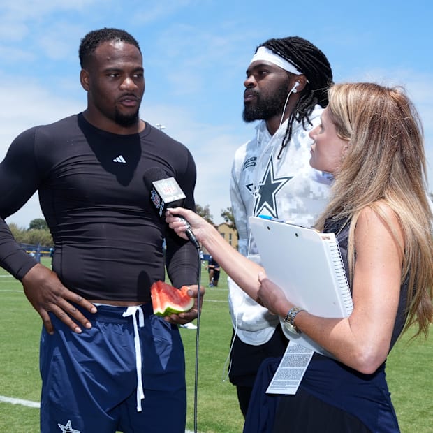 NFL Network reporter Jane Slater  interviews Dallas Cowboys defensive end Micah Parsons and cornerback Trevon Diggs.