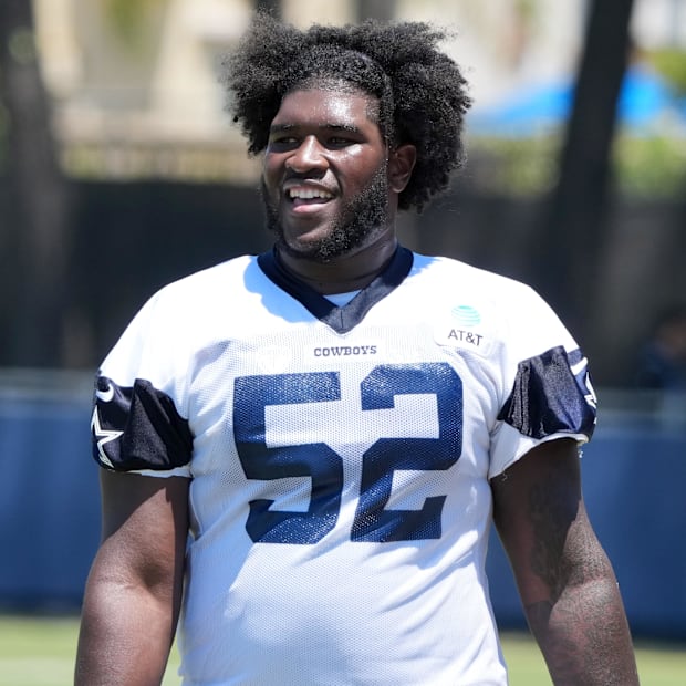 Dallas Cowboys guard Tyler Booker at training camp at the River Ridge Fields.
