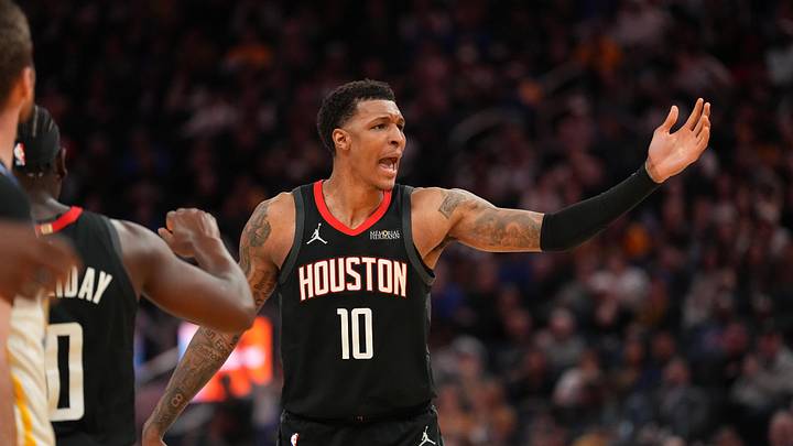 Apr 5, 2026; San Francisco, California, USA; Houston Rockets forward Jabari Smith Jr. (10) talks with teammates after a play against the Golden State Warriors in the fourth quarter at the Chase Center. Mandatory Credit: Cary Edmondson-Imagn Images