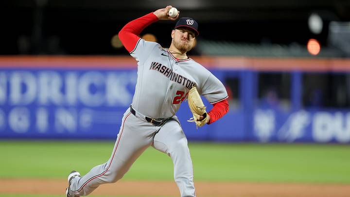 Apr 29, 2026; New York City, New York, USA; Washington Nationals starting pitcher Cade Cavalli (24) pitches against the New York Mets during the third inning at Citi Field. Mandatory Credit: Brad Penner-Imagn Images