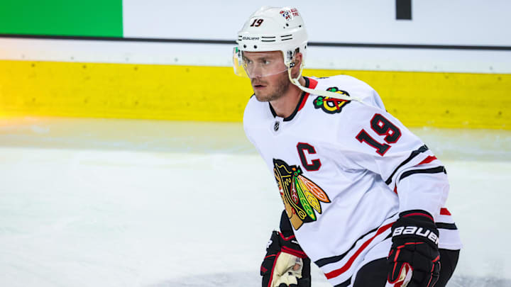 Apr 4, 2023; Calgary, Alberta, CAN; Chicago Blackhawks center Jonathan Toews (19) skates during the warmup period against the Calgary Flames at Scotiabank Saddledome. Mandatory Credit: Sergei Belski-Imagn Images
