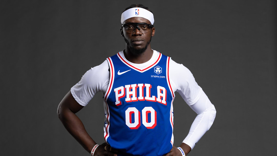 Sep 30, 2024; Camden, NJ, USA; Philadelphia 76ers guard Reggie Jackson (00) poses for a photo on media day at the Philadelphia 76ers Training Complex. Mandatory Credit: Bill Streicher-Imagn Images