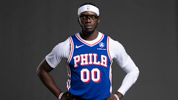 Sep 30, 2024; Camden, NJ, USA; Philadelphia 76ers guard Reggie Jackson (00) poses for a photo on media day at the Philadelphia 76ers Training Complex. Mandatory Credit: Bill Streicher-Imagn Images