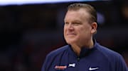 Mar 17, 2024; Minneapolis, MN, USA; Illinois Fighting Illini head coach Brad Underwood looks on in the first half against the Wisconsin Badgers at Target Center. Mandatory Credit: Matt Krohn-Imagn Images