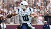 Sep 6, 2025; College Station, Texas, USA; Utah State Aggies quarterback Bryson Barnes (16) throws a pass during the first quarter against the Texas A&M Aggies at Kyle Field. Mandatory Credit: Sean Thomas-Imagn Images