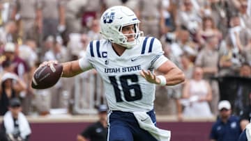 Sep 6, 2025; College Station, Texas, USA; Utah State Aggies quarterback Bryson Barnes (16) throws a pass during the first quarter against the Texas A&M Aggies at Kyle Field. Mandatory Credit: Sean Thomas-Imagn Images