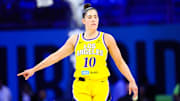 Jun 6, 2025; Arlington, Texas, USA;  Los Angeles Sparks guard Kelsey Plum (10) reacts during the first half against the Dallas Wings at College Park Center. Mandatory Credit: Kevin Jairaj-Imagn Images