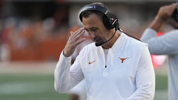 Nov 22, 2025; Austin, Texas, USA; Texas Longhorns head coach Steve Sarkisian pauses during the second half against the Arkansas Razorbacks at Darrell K Royal-Texas Memorial Stadium. Mandatory Credit: Scott Wachter-Imagn Images