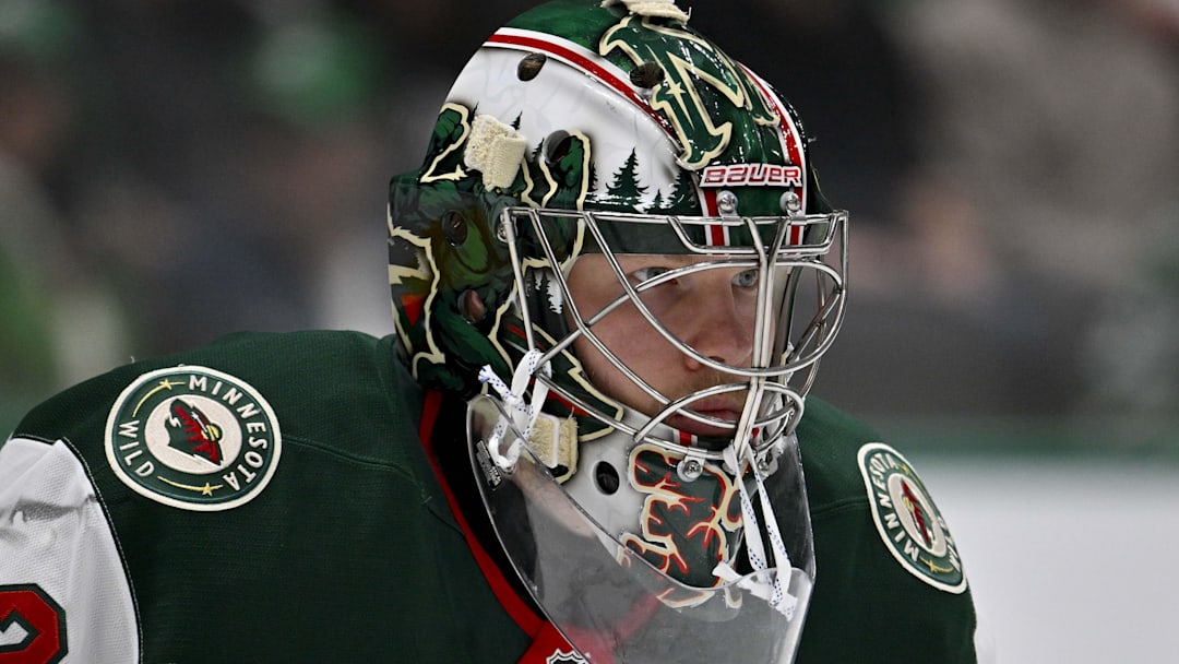 Apr 9, 2026; Dallas, Texas, USA; Minnesota Wild goaltender Filip Gustavsson (32) faces the Dallas Stars attack during the second period at the American Airlines Center. Mandatory Credit: Jerome Miron-Imagn Images