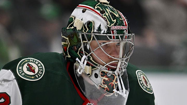 Apr 9, 2026; Dallas, Texas, USA; Minnesota Wild goaltender Filip Gustavsson (32) faces the Dallas Stars attack during the second period at the American Airlines Center. Mandatory Credit: Jerome Miron-Imagn Images