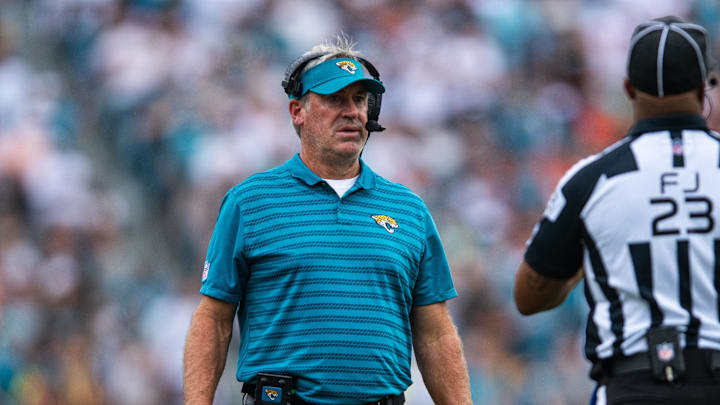 Sep 15, 2024; Jacksonville, Florida, USA; Jacksonville Jaguars head coach Doug Pederson talks with an official in the second quarter against the Cleveland Browns at EverBank Stadium. Mandatory Credit: Jeremy Reper-Imagn Images