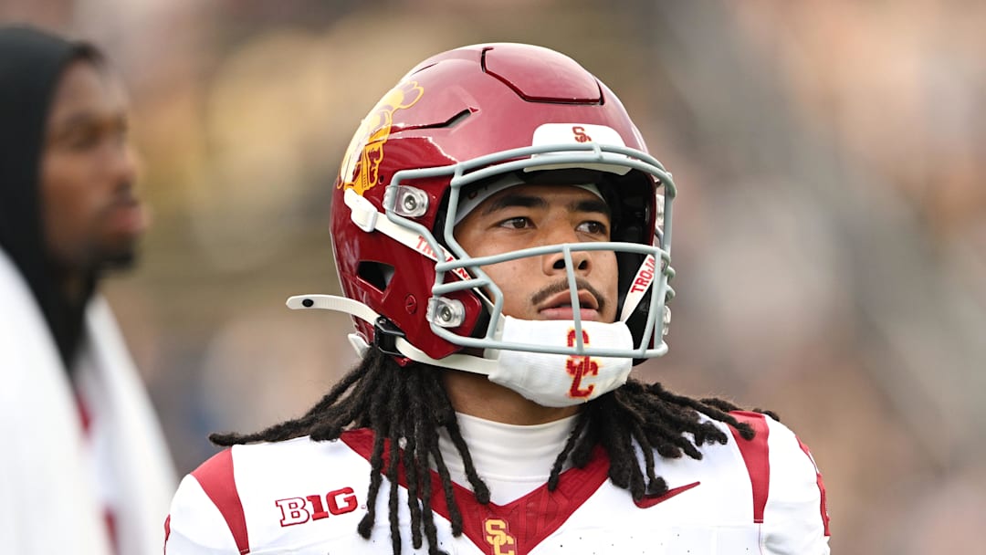 Sep 13, 2025; West Lafayette, Indiana, USA; Southern California Trojans wide receiver Makai Lemon (6) warms up before the game against the Purdue Boilermakers at Ross-Ade Stadium. 