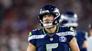 Sep 25, 2025; Glendale, Arizona, USA; Seattle Seahawks kicker Jason Myers (5) against the Arizona Cardinals at State Farm Stadium. Mandatory Credit: Mark J. Rebilas-Imagn Images