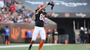 Nov 23, 2025; Cincinnati, Ohio, USA; Cincinnati Bengals wide receiver Andrei Iosivas (80) makes a catch during the second half against the New England Patriots at Paycor Stadium.