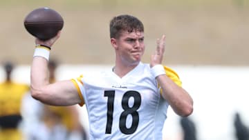 Jul 24, 2025; Latrobe, PA, USA;  Pittsburgh Steelers quarterback Will Howard (18) participates in drills during training camp at Saint Vincent College. Mandatory Credit: Charles LeClaire-Imagn Images