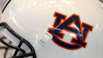 July 15, 2025; Atlanta, GA, USA; An Auburn football helmet is on display during SEC Media Days at the College Football Hall of Fame in Atlanta.