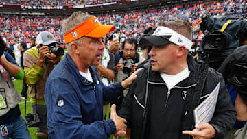 Sep 10, 2023; Denver, Colorado, USA; Denver Broncos head coach Sean Payton greets Las Vegas Raiders