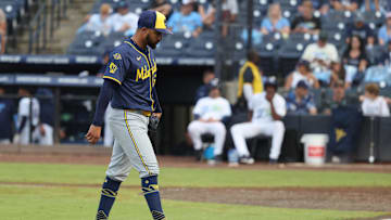 May 10, 2025; St. Petersburg, Florida, USA; Milwaukee Brewers pitcher Grant Anderson (56) walks back to the dugout during the ninth inning against the Tampa Bay Rays  at George M. Steinbrenner Field. Mandatory Credit: Kim Klement Neitzel-Imagn Images