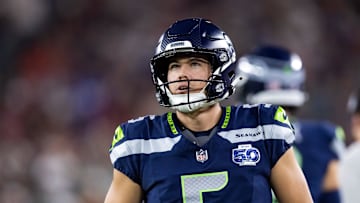Sep 25, 2025; Glendale, Arizona, USA; Seattle Seahawks kicker Jason Myers (5) against the Arizona Cardinals at State Farm Stadium. Mandatory Credit: Mark J. Rebilas-Imagn Images