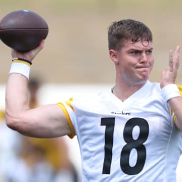 Jul 24, 2025; Latrobe, PA, USA;  Pittsburgh Steelers quarterback Will Howard (18) participates in drills during training camp at Saint Vincent College. Mandatory Credit: Charles LeClaire-Imagn Images