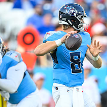 Aug 10, 2024; Nashville, Tennessee, USA;  Tennessee Titans Will Levis (8) stands in the pocket against the San Francisco 49ers during the first half at Nissan Stadium. Mandatory Credit: Steve Roberts-Imagn Images