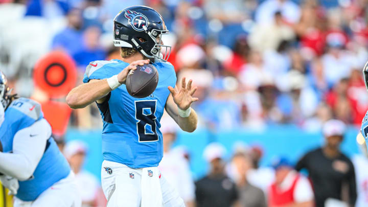 Aug 10, 2024; Nashville, Tennessee, USA;  Tennessee Titans Will Levis (8) stands in the pocket against the San Francisco 49ers during the first half at Nissan Stadium. Mandatory Credit: Steve Roberts-USA TODAY Sports