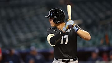 Jun 20, 2023; Phoenix, AZ, USA; Draft prospect George Wolkow during a high school baseball game at the MLB Draft Combine at Chase Field. Mandatory Credit: Mark J. Rebilas-Imagn Images