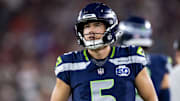 Sep 25, 2025; Glendale, Arizona, USA; Seattle Seahawks kicker Jason Myers (5) against the Arizona Cardinals at State Farm Stadium. Mandatory Credit: Mark J. Rebilas-Imagn Images