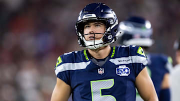 Sep 25, 2025; Glendale, Arizona, USA; Seattle Seahawks kicker Jason Myers (5) against the Arizona Cardinals at State Farm Stadium. Mandatory Credit: Mark J. Rebilas-Imagn Images