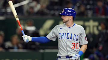 Mar 19, 2025; Bunkyo, Tokyo, JPN; Chicago Cubs right fielder Kyle Tucker (30) bats against the Los Angeles Dodgers during the ninth inning during the Tokyo Series at Tokyo Dome. Mandatory Credit: Darren Yamashita-Imagn Images