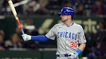 Mar 19, 2025; Bunkyo, Tokyo, JPN; Chicago Cubs right fielder Kyle Tucker (30) bats against the Los Angeles Dodgers during the ninth inning during the Tokyo Series at Tokyo Dome. 