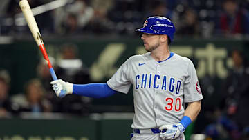 Mar 19, 2025; Bunkyo, Tokyo, JPN; Chicago Cubs right fielder Kyle Tucker (30) bats against the Los Angeles Dodgers during the ninth inning during the Tokyo Series at Tokyo Dome. 