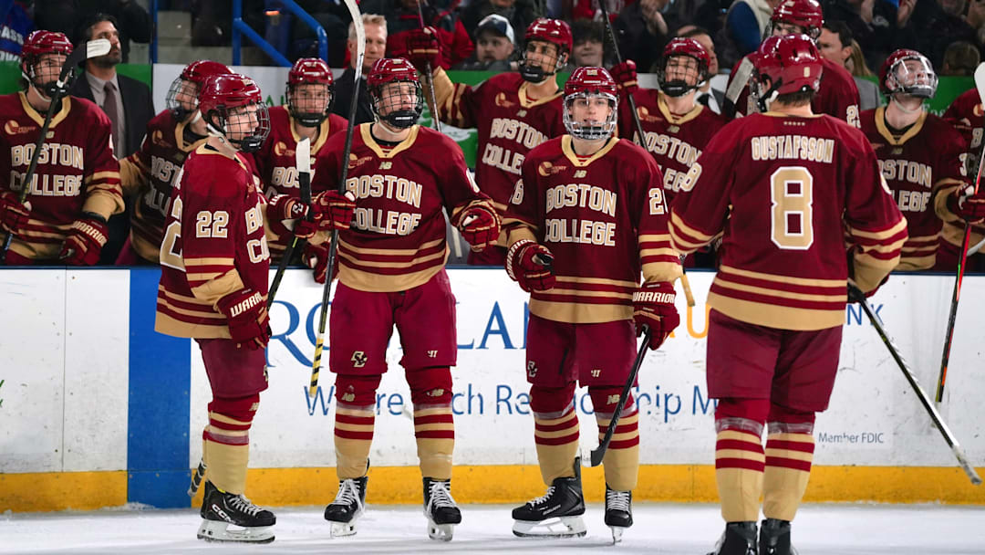 Boston College players huddle after James Hagens' one-timer goal at Tsongas Center on Dec. 5, 2025. Boston College players huddle after James Hagens' one-timer goal at Tsongas Center on Dec. 5, 2025.