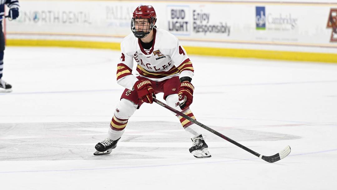 Feb 28, 2025; Chestnut Hill, MA, USA; Boston College forward Teddy Stiga (4) skates against the University of New Hampshire Wildcats during the first period at Conte Forum. Mandatory Credit: Eric Canha-Imagn Images