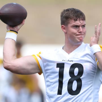 Jul 24, 2025; Latrobe, PA, USA;  Pittsburgh Steelers quarterback Will Howard (18) participates in drills during training camp at Saint Vincent College. Mandatory Credit: Charles LeClaire-Imagn Images